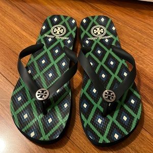 Tory Burch blue & green flip flops